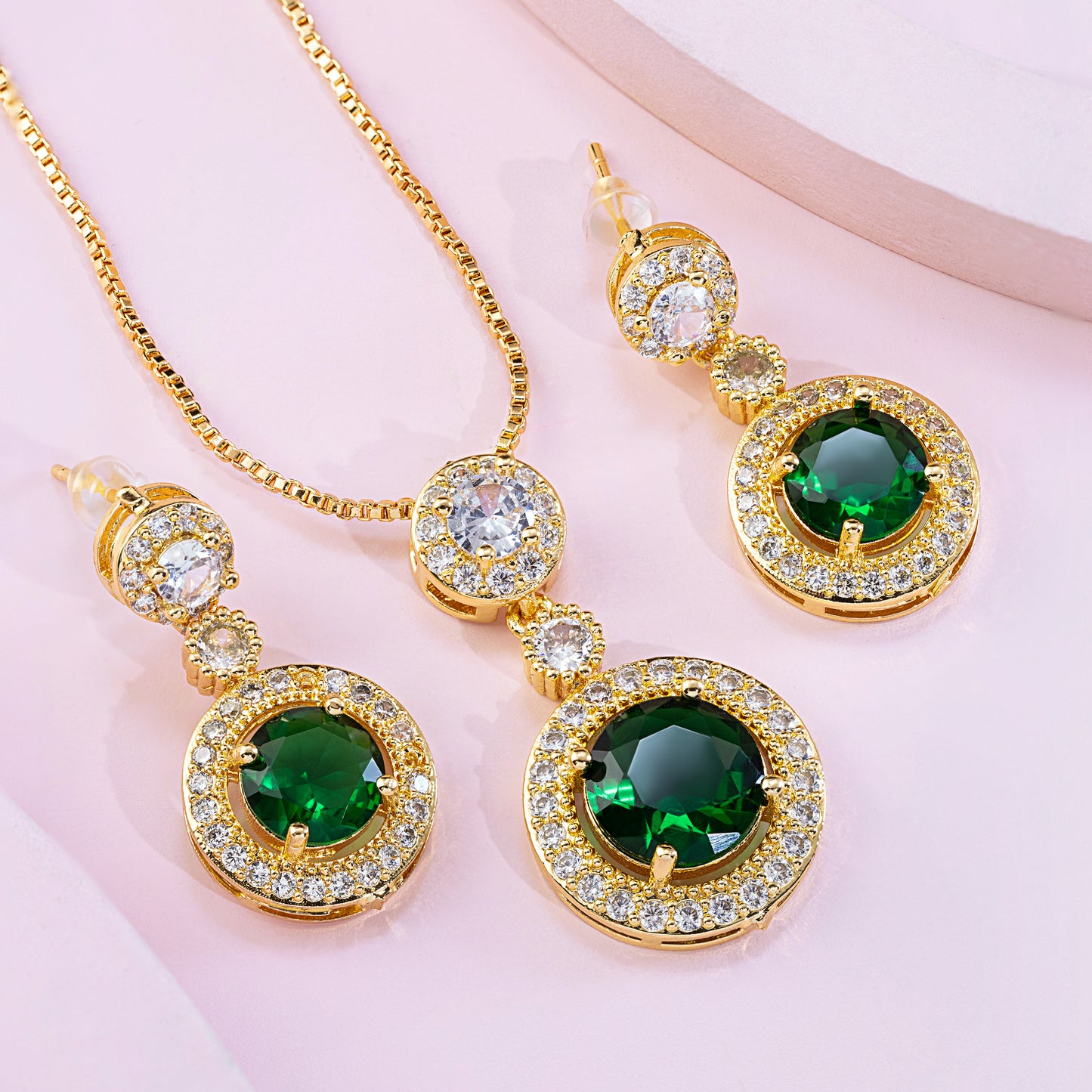 Necklace With Earring Round in Green