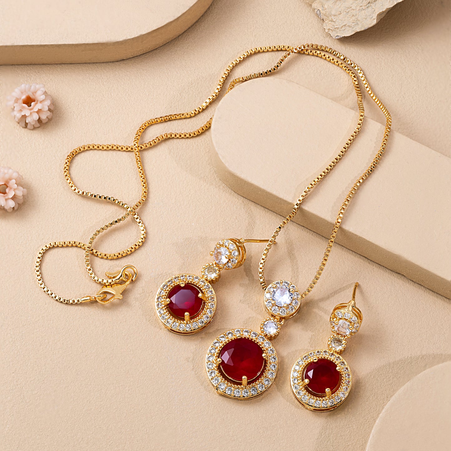 Necklace With Earring Round in Red