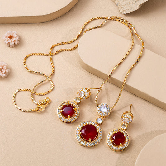 Necklace With Earring Round in Red